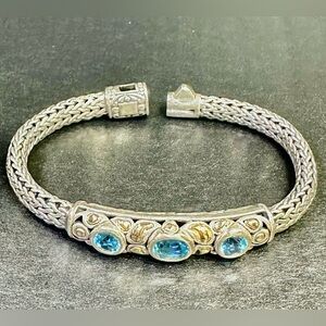 SAMUEL B BJC 18K GOLD 925 SILVER BLUE TOPAZ BALI BRACELET 8” Lot 717